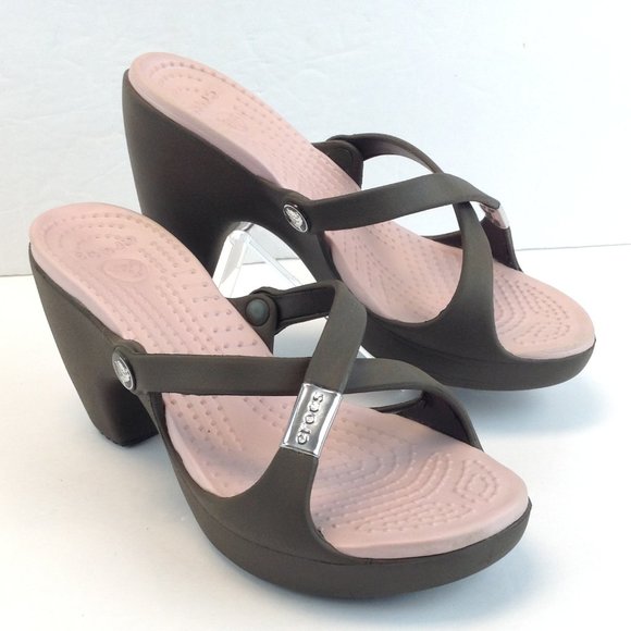 Crocs Cyprus Block Heels Brown Pink Criss Cross Strap - Picture 1 of 16